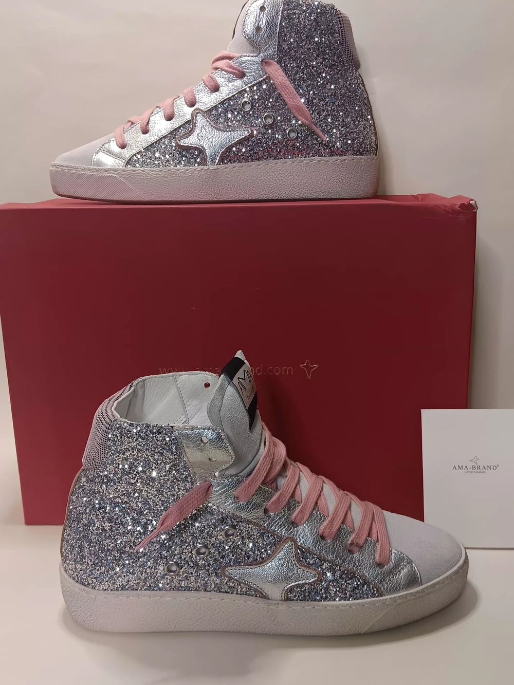 AMA Glitter High-Top Sneakers with Pink Laces - Silver